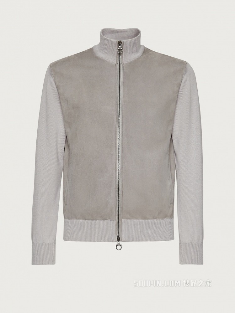 皮革细节针织短夹克