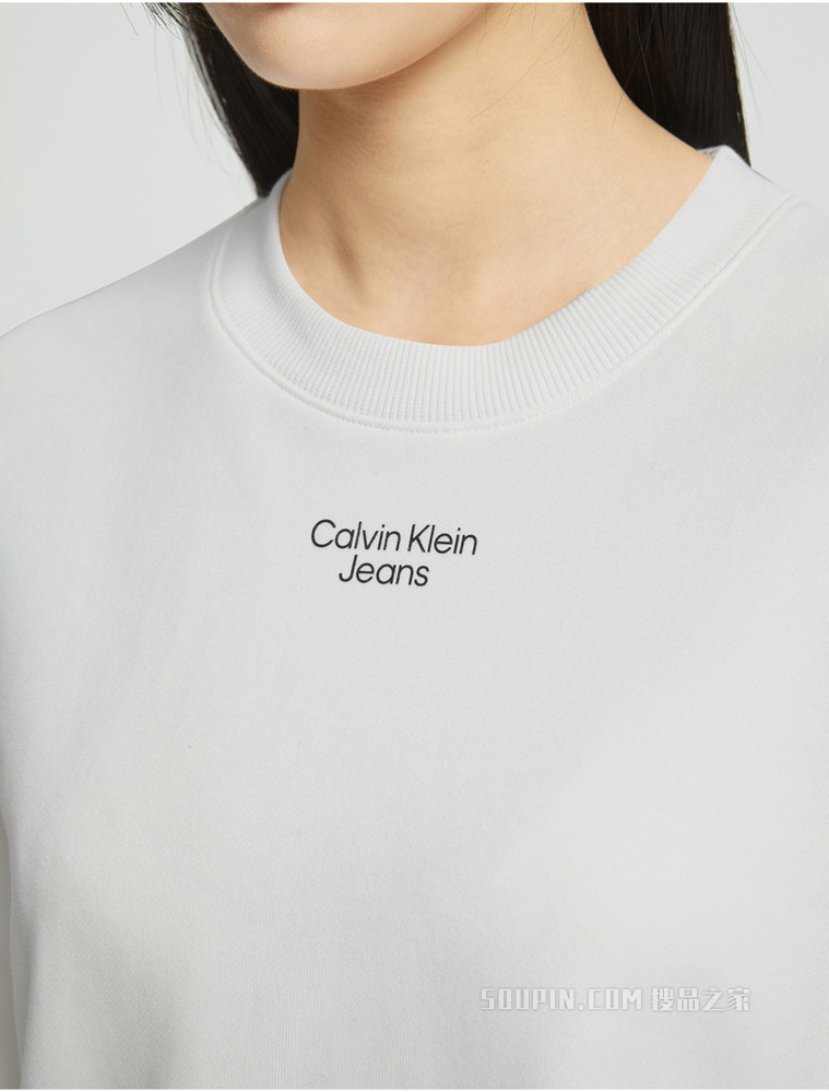 Calvin Klein 女士圆领纯棉抽绳下摆胶质LOGO卫衣J219179