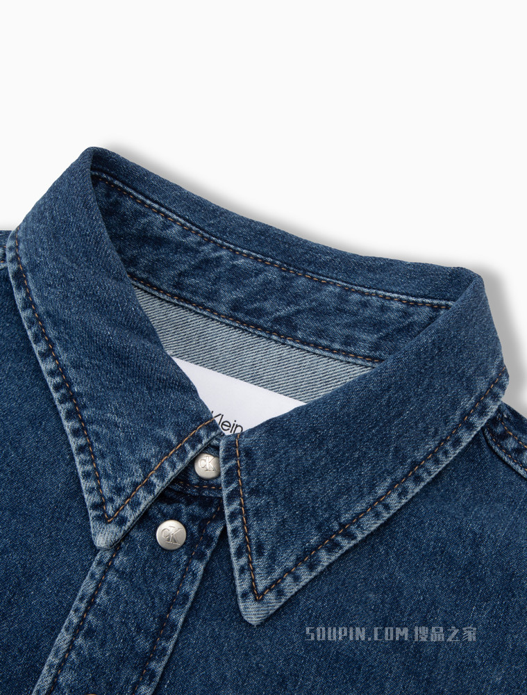 Calvin Klein 女士翻领纯棉LOGO织标短牛仔衬衫J218493
