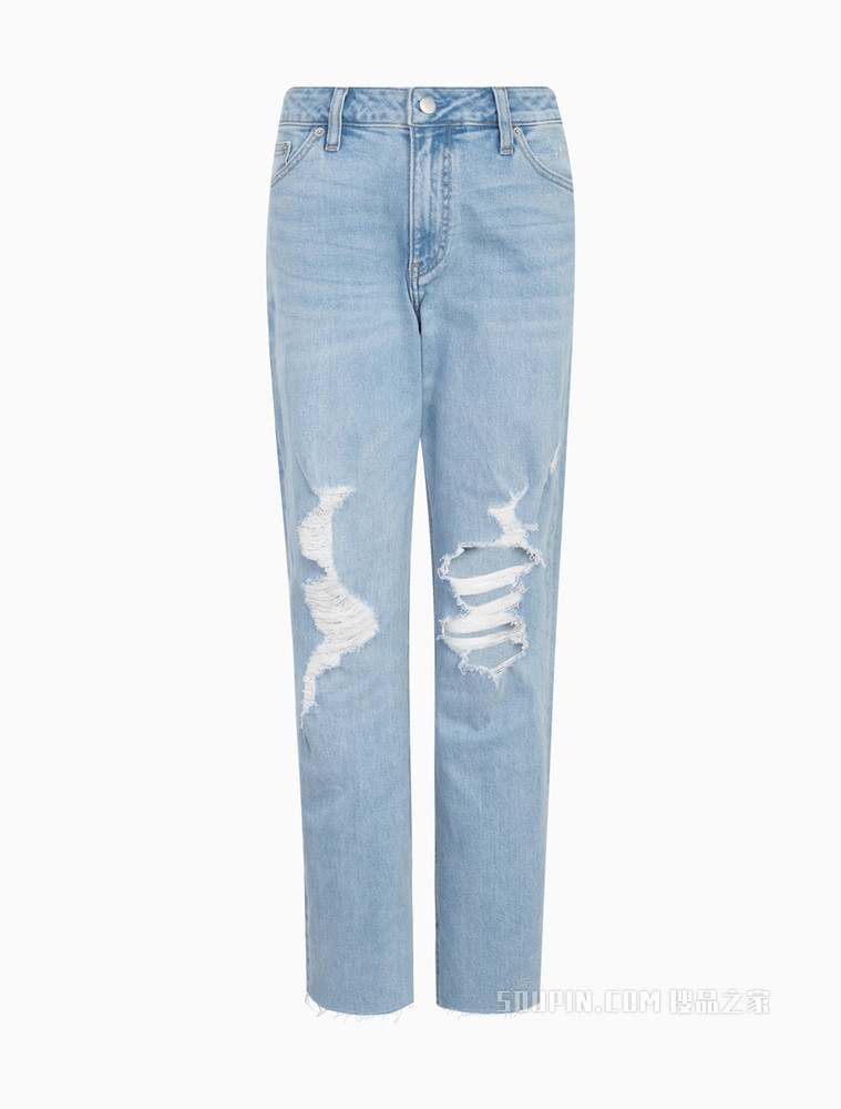 Calvin Klein 女士休闲宽松直筒破洞微弹牛仔裤J218845