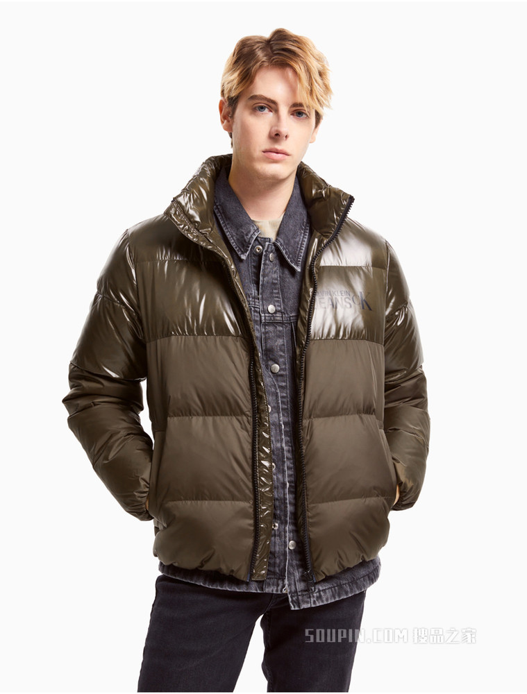 Calvin Klein 男士立领拉链拼接印花LOGO羽绒服J320295