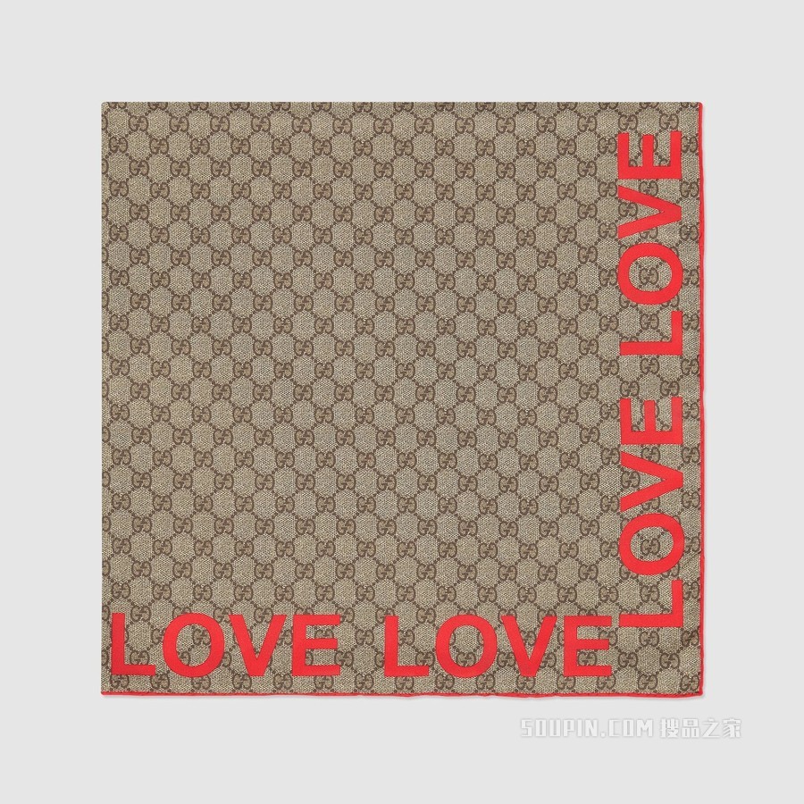 GG“Love”印花真丝围巾 米色和红色