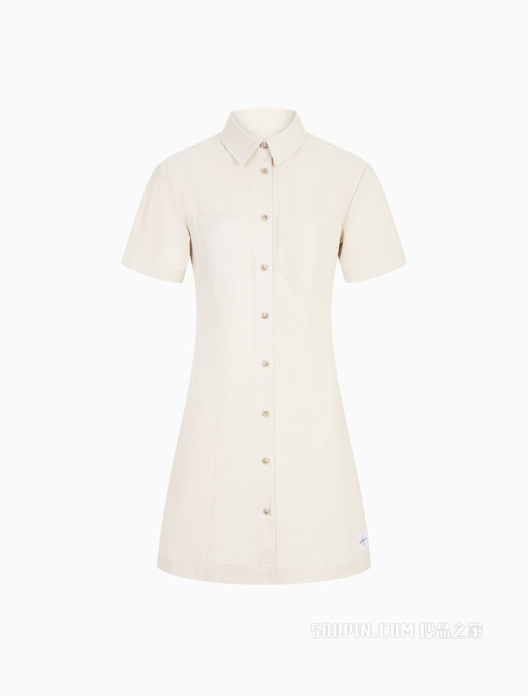 Calvin Klein 女士时尚纽扣翻领纯棉A字短袖连衣裙J218347