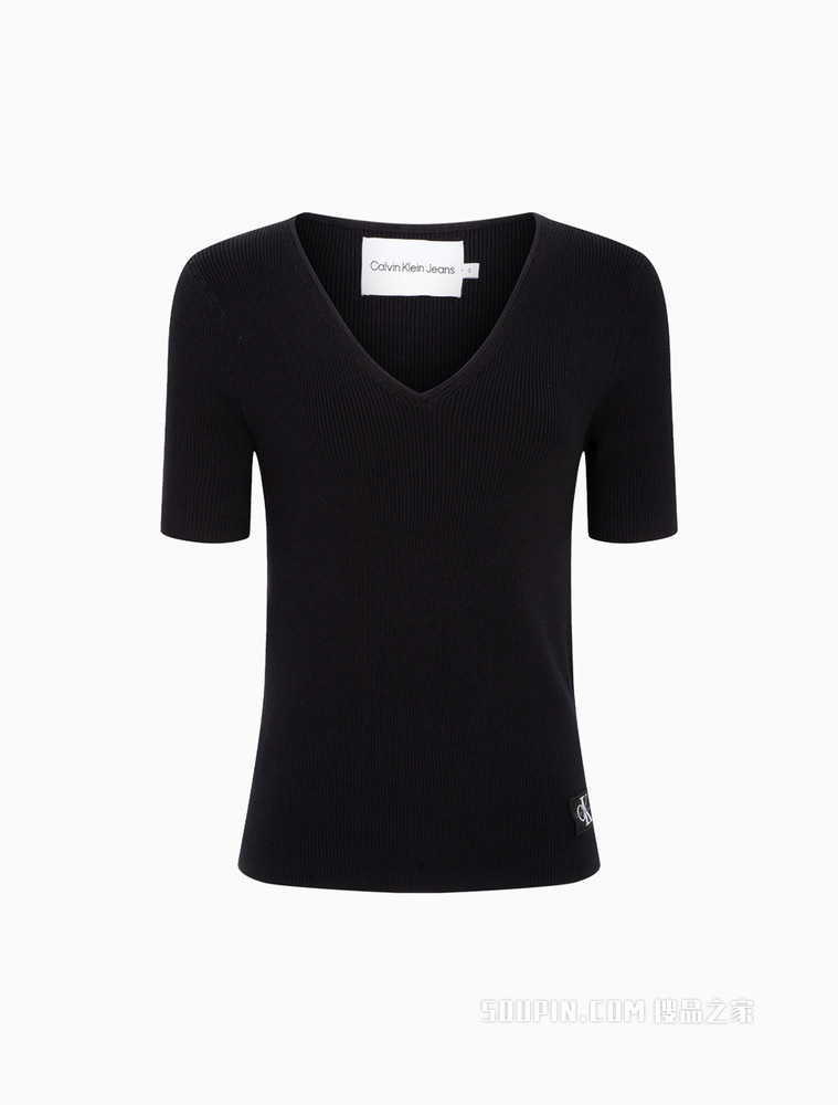 Calvin Klein 女士V领修身短袖LOGO绣片毛衣针织衫J218864