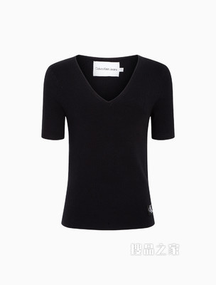 Calvin Klein 女士V领修身短袖LOGO绣片毛衣针织衫J218864