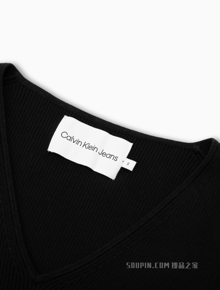 Calvin Klein 女士V领修身短袖LOGO绣片毛衣针织衫J218864