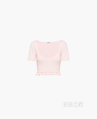 褶饰短袖平纹针织上衣