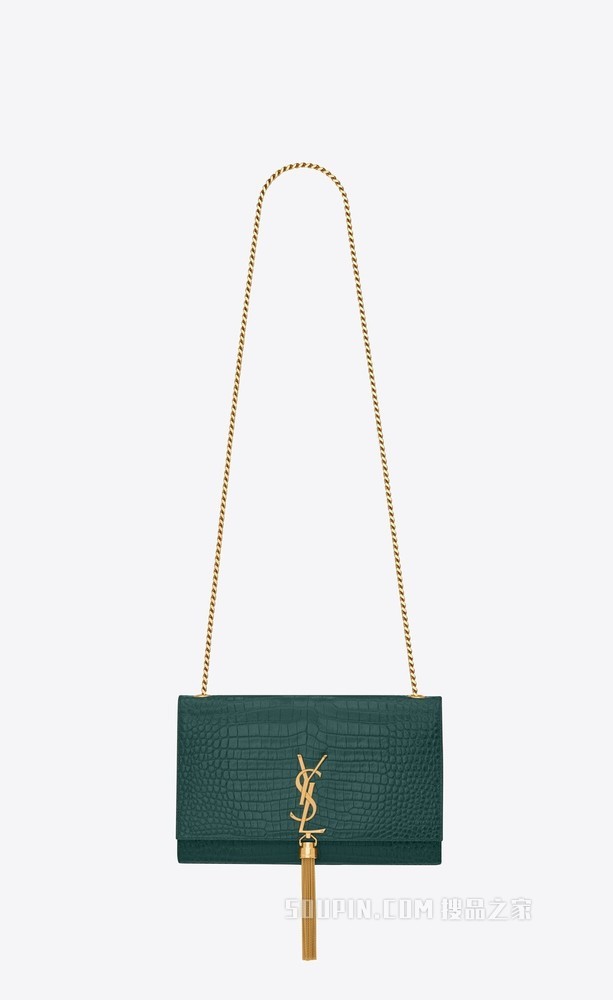 Kate中号鳄鱼纹压印亮面皮革流苏链条包
