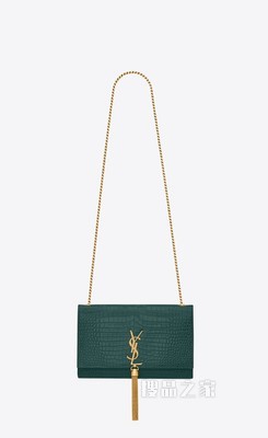 Kate中号鳄鱼纹压印亮面皮革流苏链条包