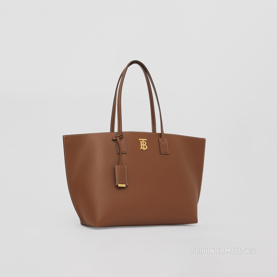 中号专属标识装饰皮革托特包 (棕褐色) - 女士