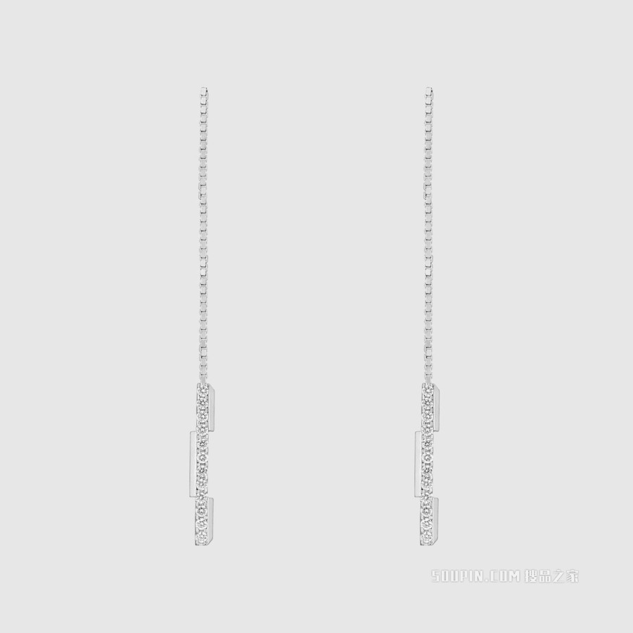 Gucci Link to Love系列“Gucci”长条吊坠耳链 18K白金