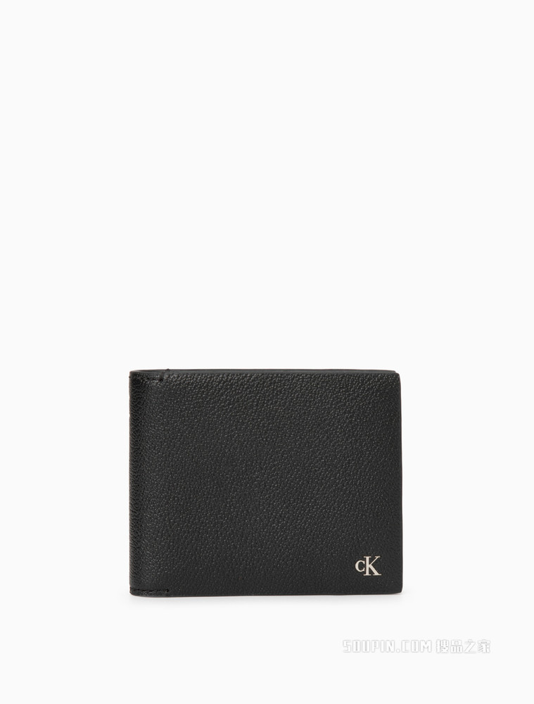 Calvin Klein 男士时尚商务荔枝纹金属LOGO标牛皮革折叠短钱包HP1517