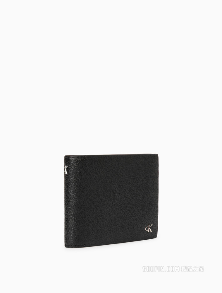Calvin Klein 男士时尚商务荔枝纹金属LOGO标牛皮革折叠短钱包HP1517