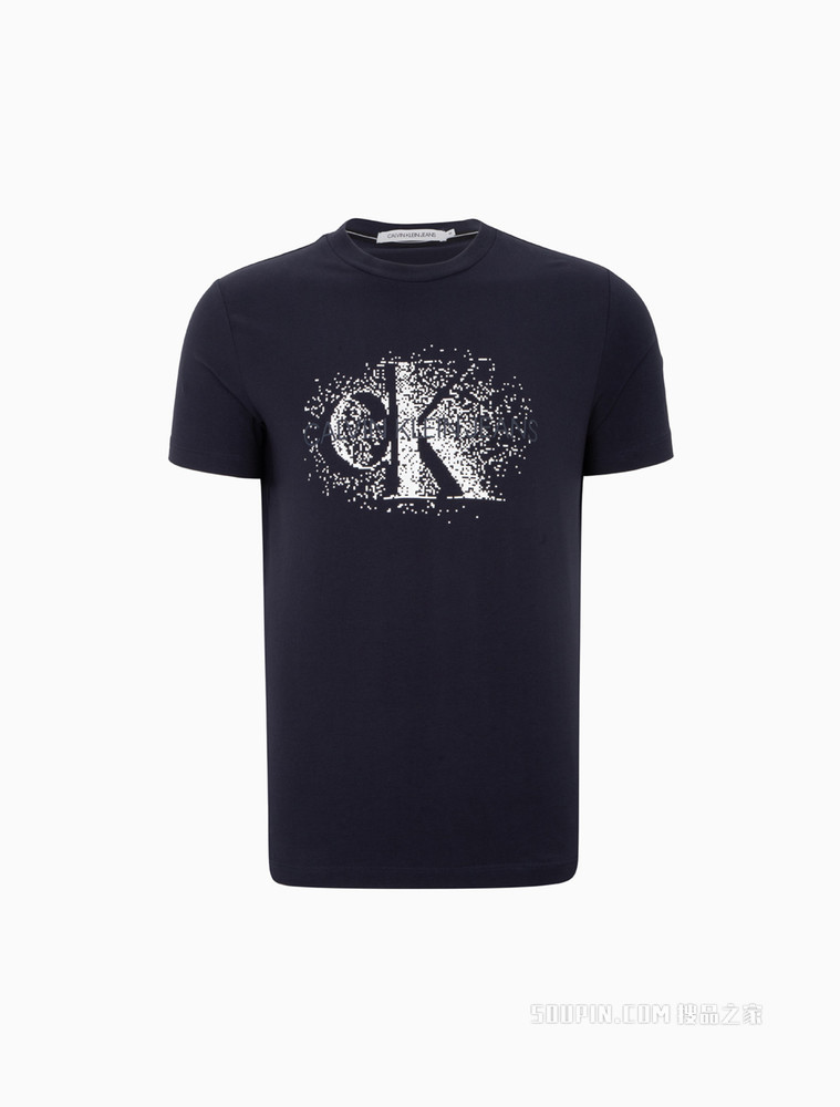 Calvin Klein 男士时尚圆领数码像素层叠LOGO短袖T恤J318156