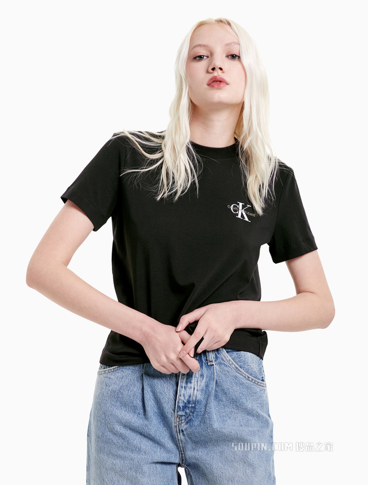 Calvin Klein 女装时尚简约圆领交叠刺绣LOGO修身短袖T恤J216166
