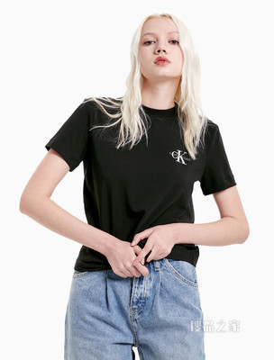Calvin Klein 女装时尚简约圆领交叠刺绣LOGO修身短袖T恤J216166