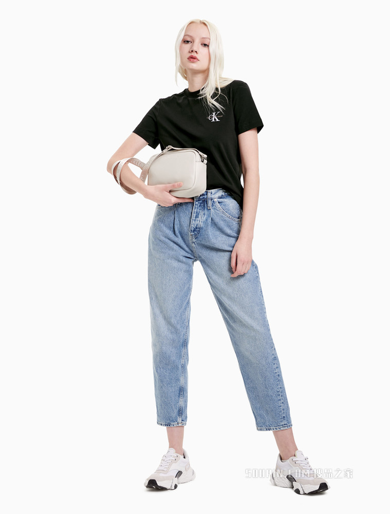 Calvin Klein 女装时尚简约圆领交叠刺绣LOGO修身短袖T恤J216166