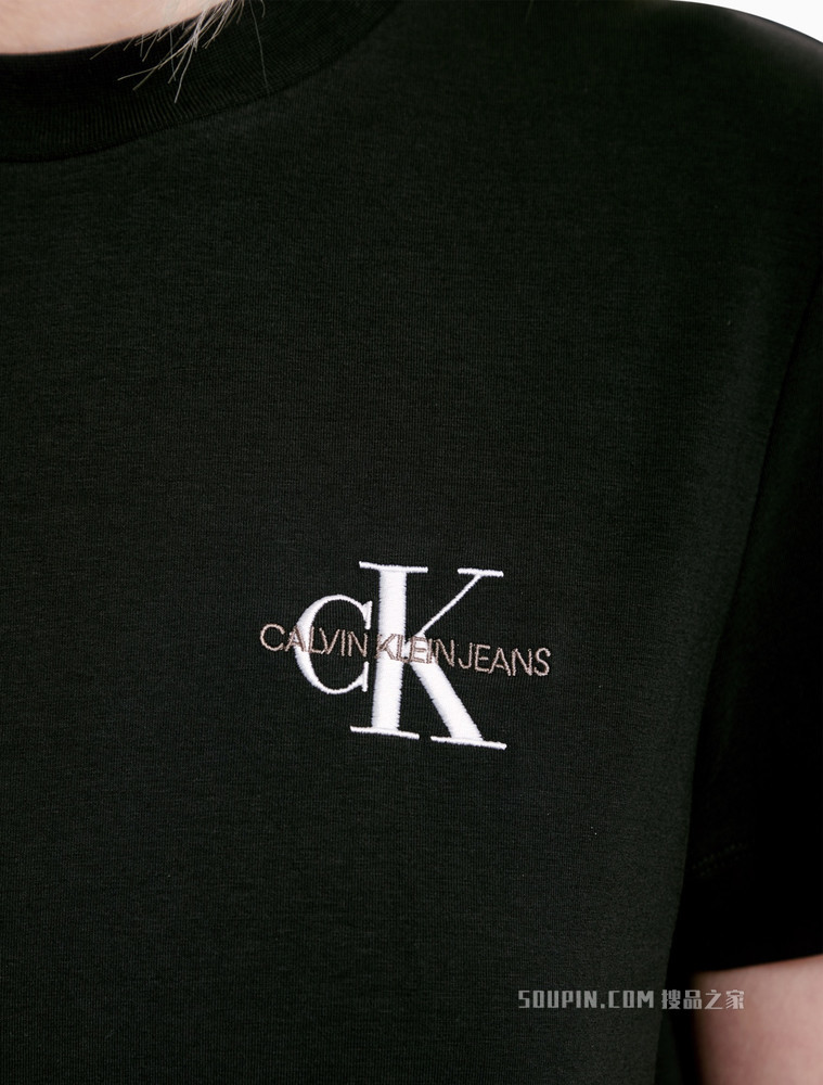 Calvin Klein 女装时尚简约圆领交叠刺绣LOGO修身短袖T恤J216166