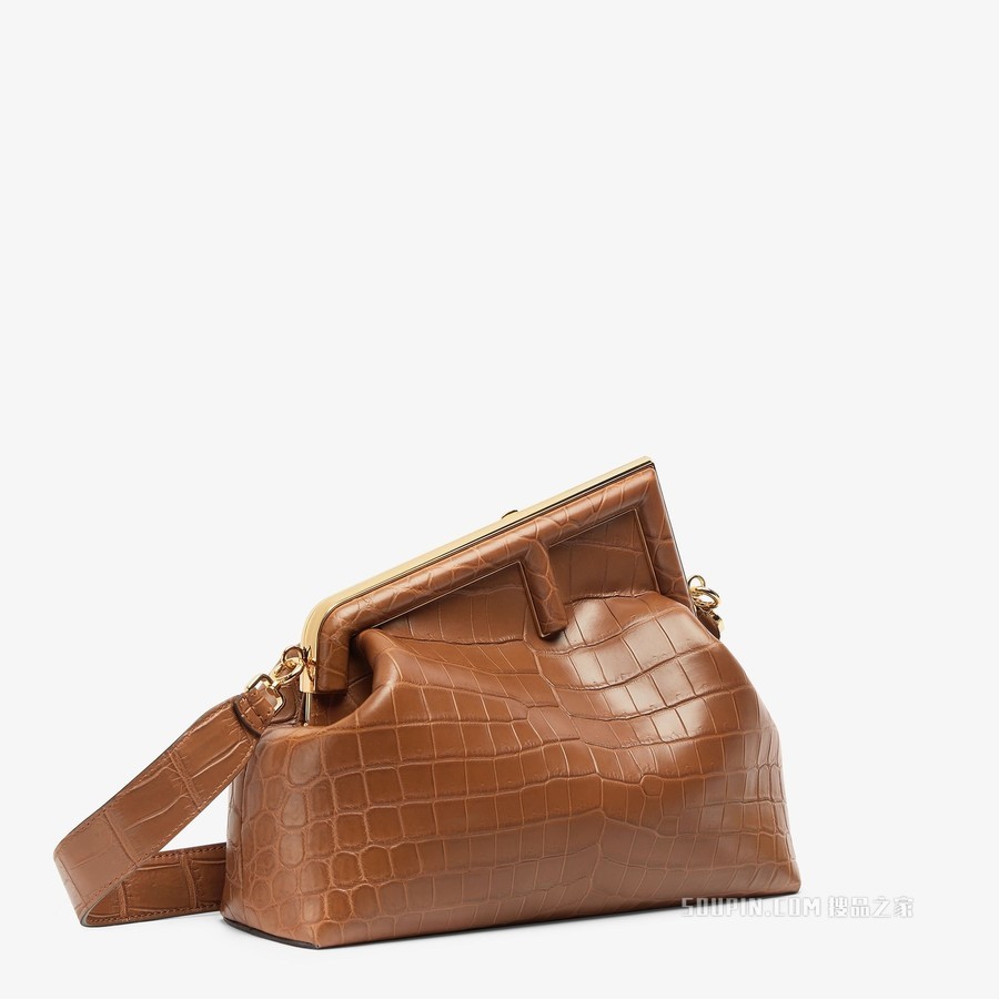 Fendi First中号手袋 棕色鳄鱼皮手袋