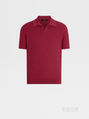 深红色棉质针织短袖 Polo 衫