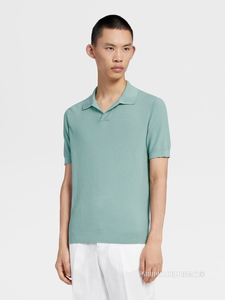 粉绿色棉质针织短袖 Polo 衫