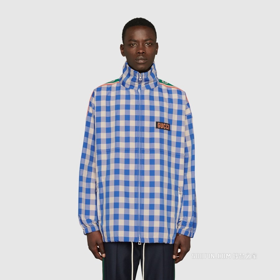 Gucci Pineapple系列格纹尼龙夹克 蓝色和白色