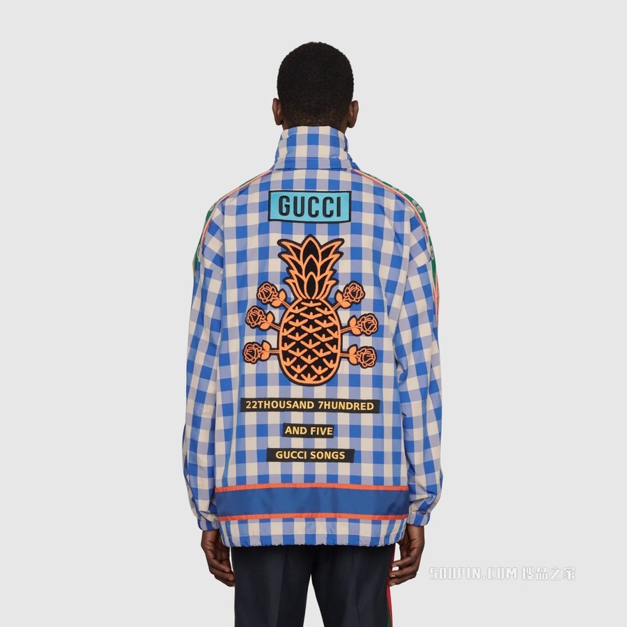 Gucci Pineapple系列格纹尼龙夹克 蓝色和白色