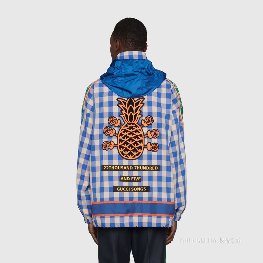Gucci Pineapple系列格纹尼龙夹克 蓝色和白色