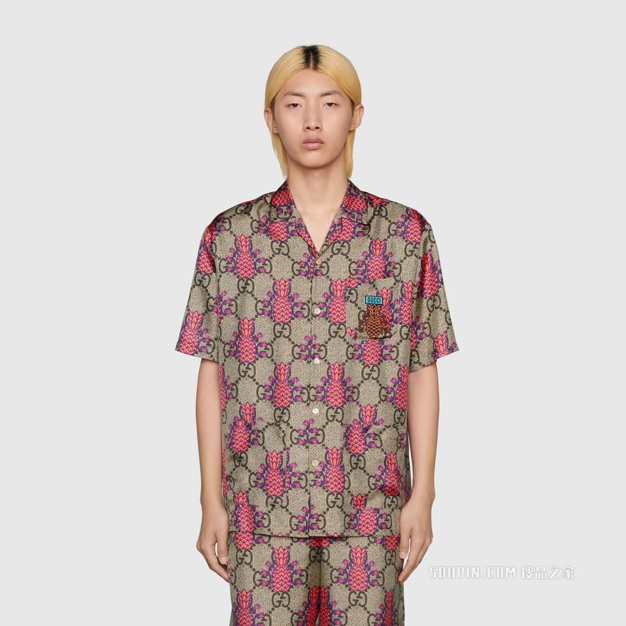 Gucci Pineapple系列GG印花保龄球衬衫 米色和乌木色