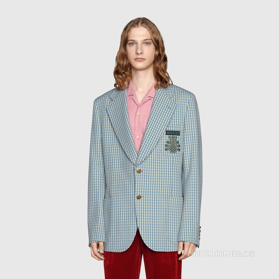 Gucci Pineapple系列棉毛混纺夹克 蓝色和米色