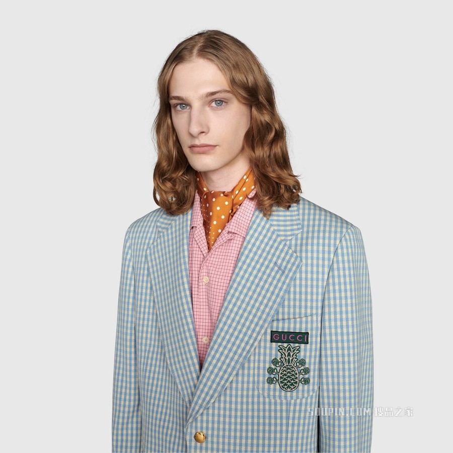 Gucci Pineapple系列棉毛混纺夹克 蓝色和米色