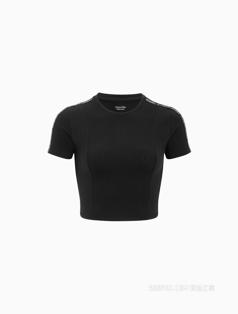 Calvin Klein 女士螺纹圆领紧身LOGO提花织带短T恤4WS2K171