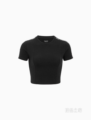 Calvin Klein 女士螺纹圆领紧身LOGO提花织带短T恤4WS2K171