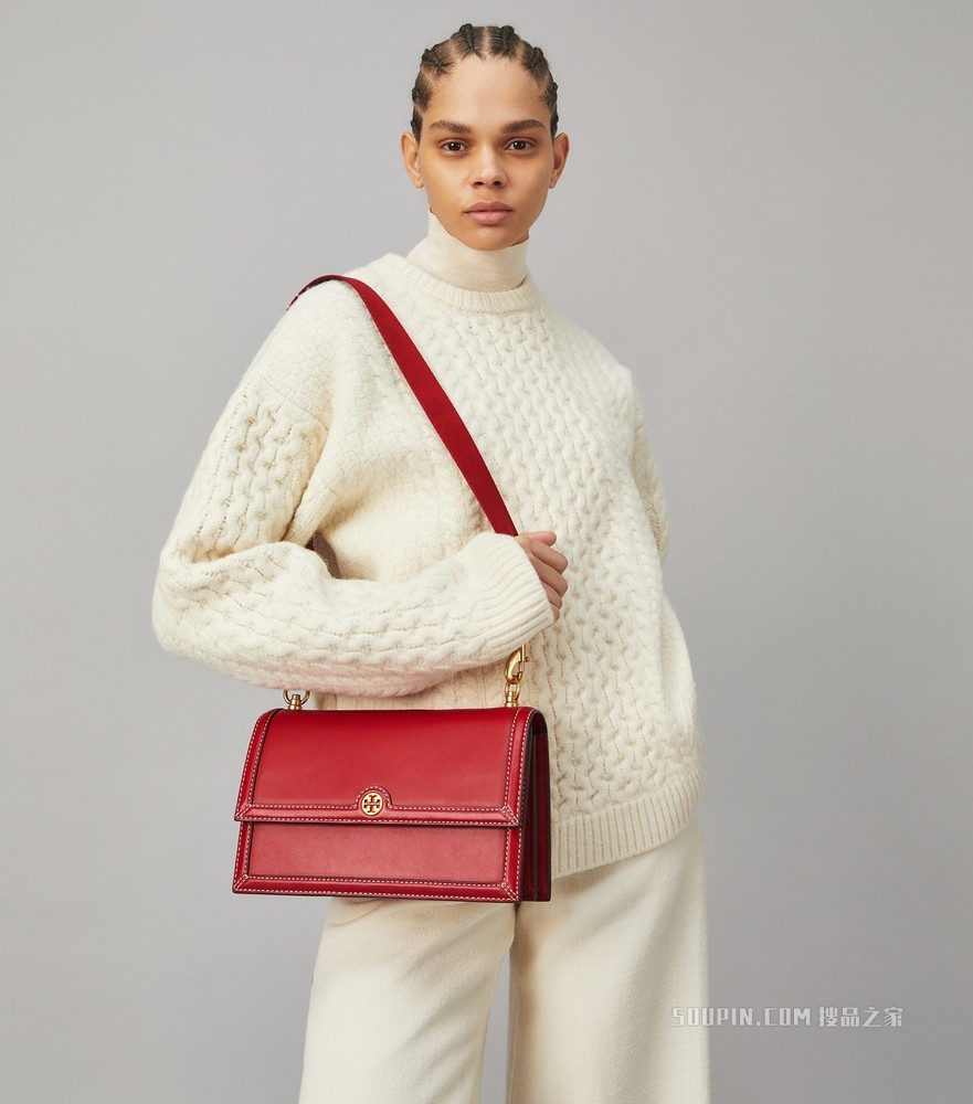 T Monogram 皮革肩背包 TORY 红