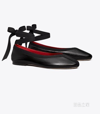 人字纹系带芭蕾舞平底鞋 深邃黑
