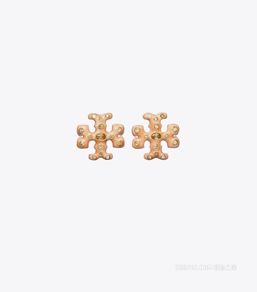 Roxanne 缀饰耳钉 轧制金/珊瑚红拼色