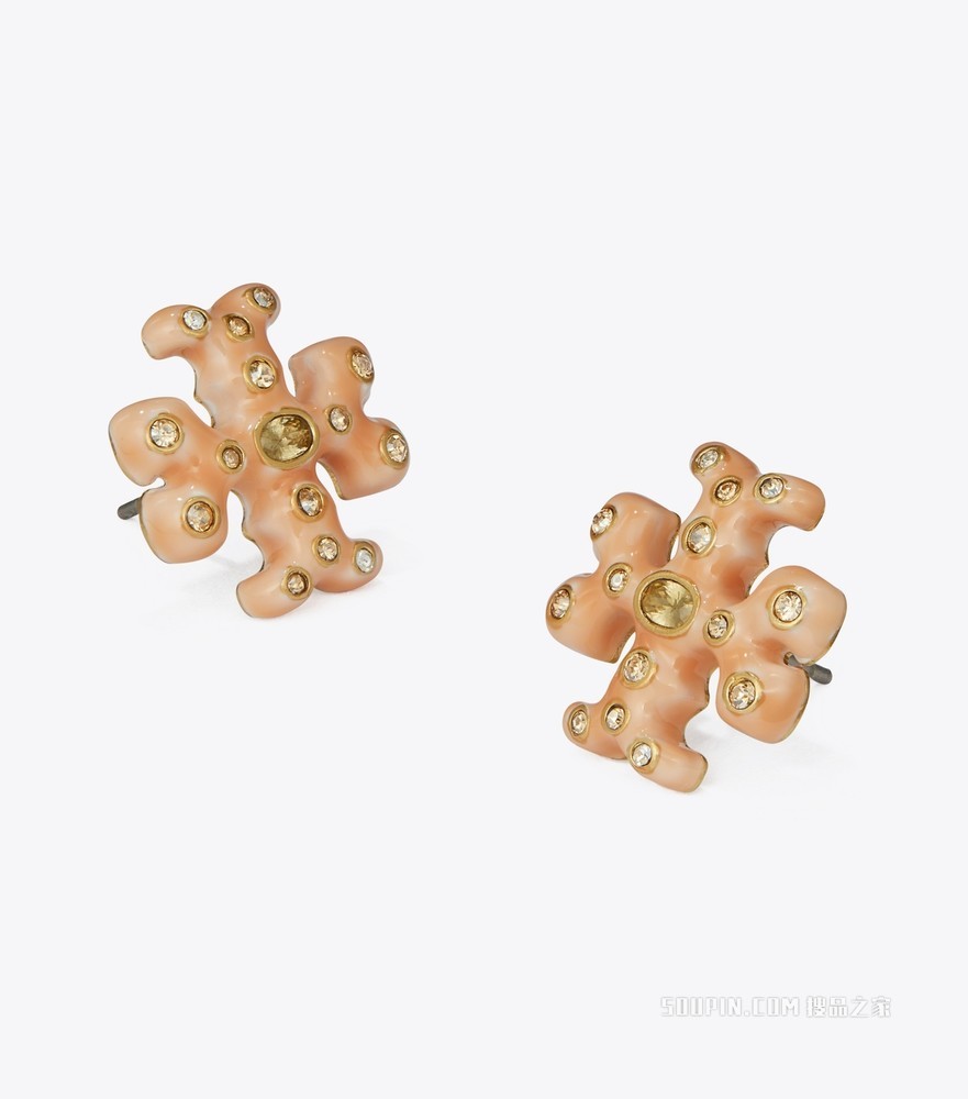Roxanne 缀饰耳钉 轧制金/珊瑚红拼色