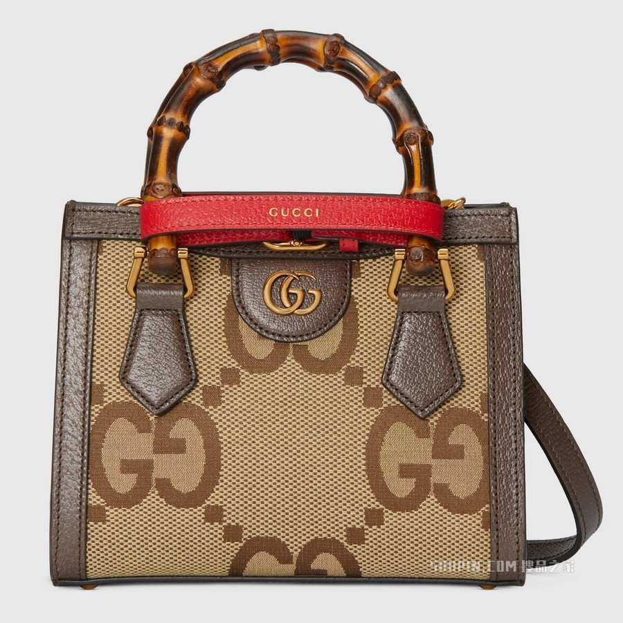 Gucci Diana超级双G图案竹节迷你托特包 驼色和乌木色帆布