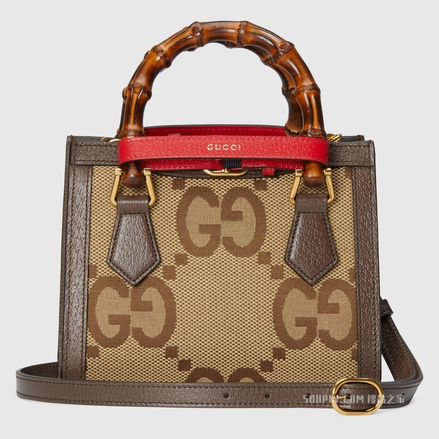 Gucci Diana超级双G图案竹节迷你托特包 驼色和乌木色帆布