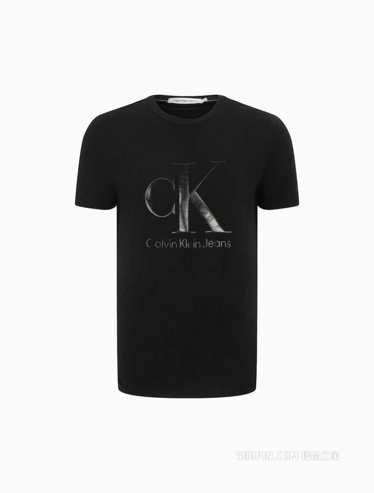 Calvin Klein 男士休闲圆领同大身色胶质LOGO短袖T恤J322144