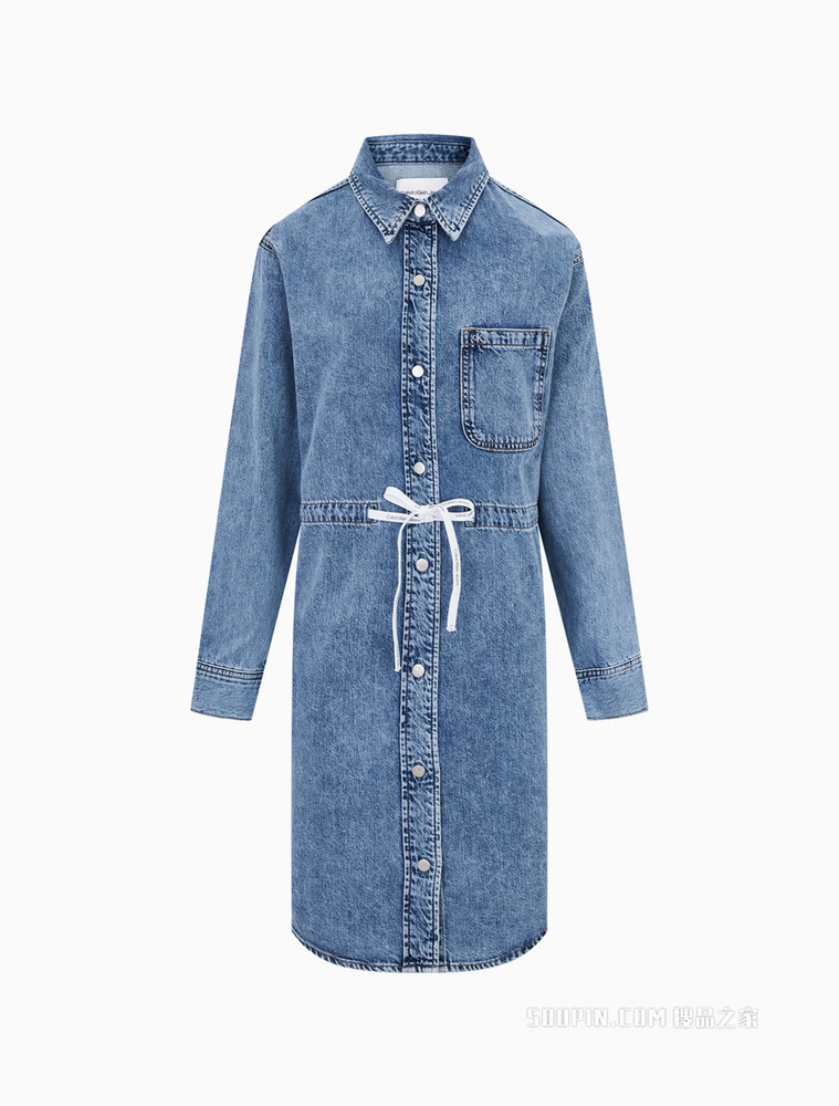 Calvin Klein 女士翻领纯棉LOGO系带收腰牛仔连衣裙J218481