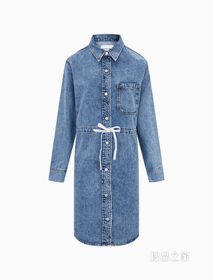 Calvin Klein 女士翻领纯棉LOGO系带收腰牛仔连衣裙J218481