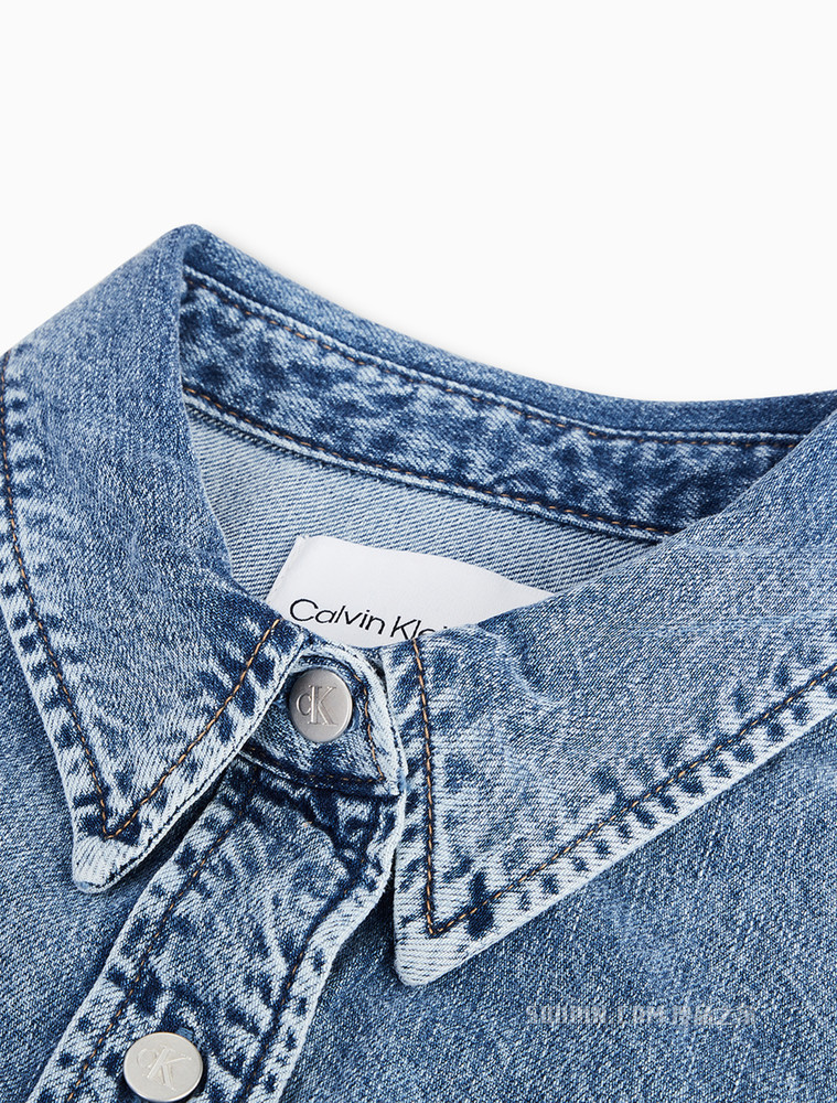 Calvin Klein 女士翻领纯棉LOGO系带收腰牛仔连衣裙J218481