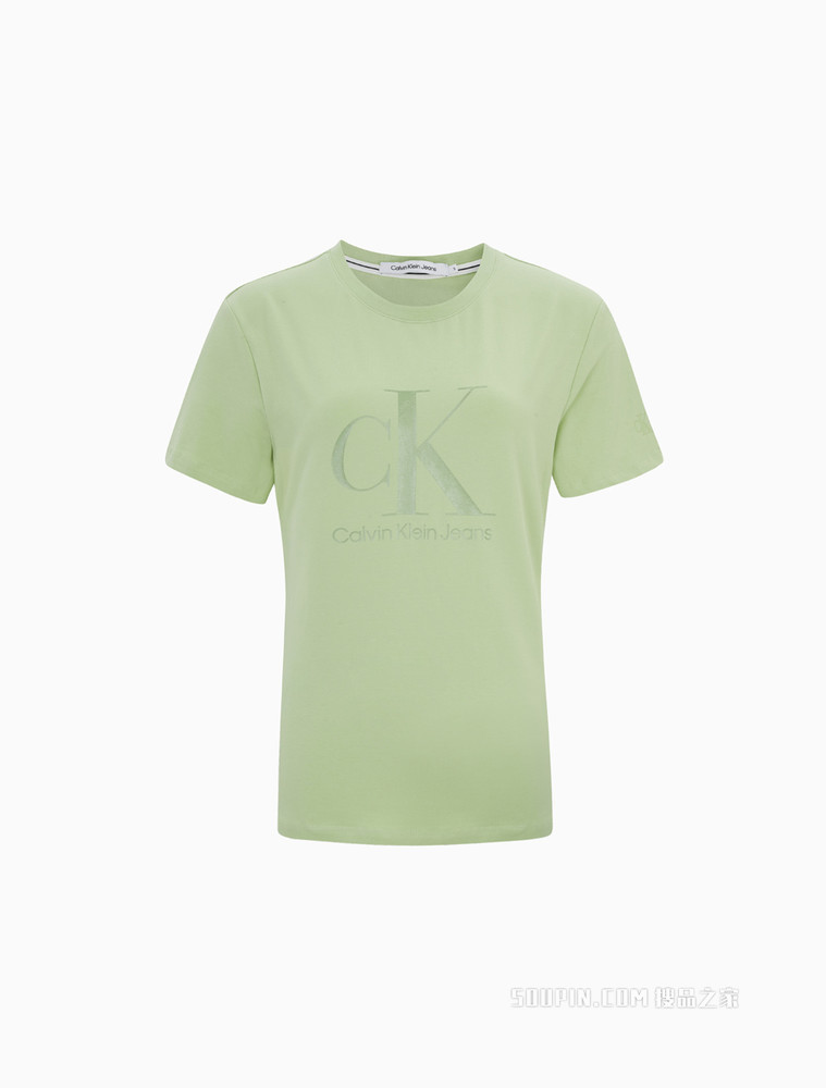 Calvin Klein 女士休闲圆领同大身色胶质LOGO短袖T恤J218907