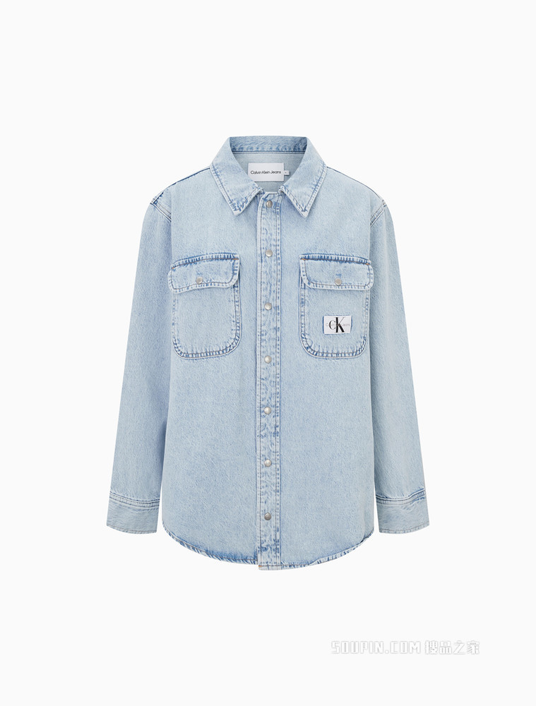 Calvin Klein 女士翻领掀扣纯棉LOGO织布标牛仔衬衫J218490