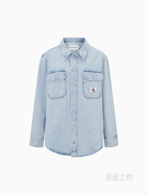 Calvin Klein 女士翻领掀扣纯棉LOGO织布标牛仔衬衫J218490
