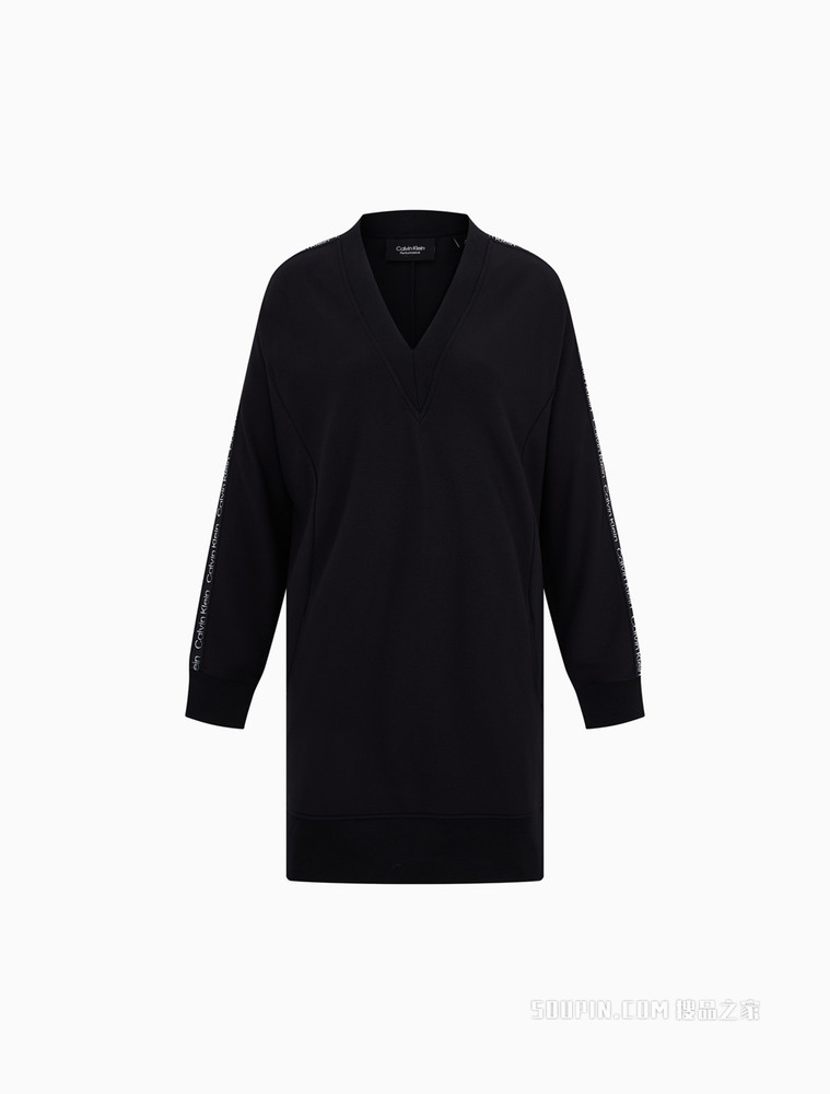Calvin Klein 女士V领蝙蝠袖LOGO织带针织及膝连衣裙4WS2D900