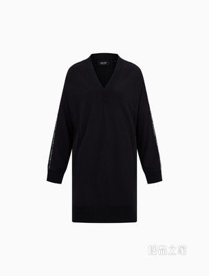 Calvin Klein 女士V领蝙蝠袖LOGO织带针织及膝连衣裙4WS2D900