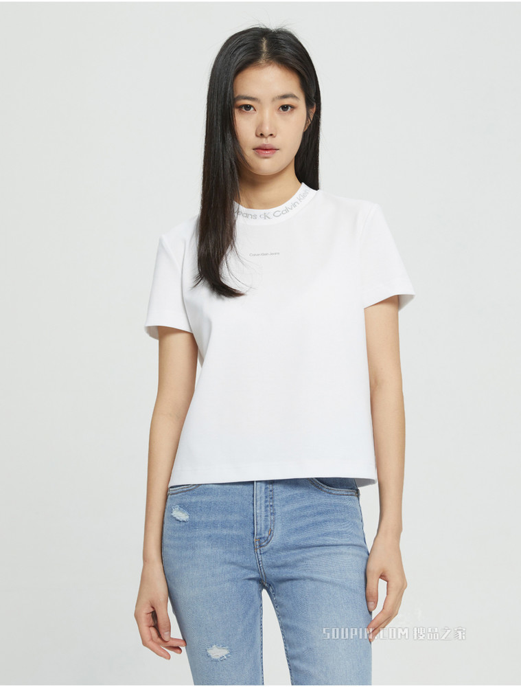 Calvin Klein 女士舒适打底圆领LOGO提花短袖T恤J218898