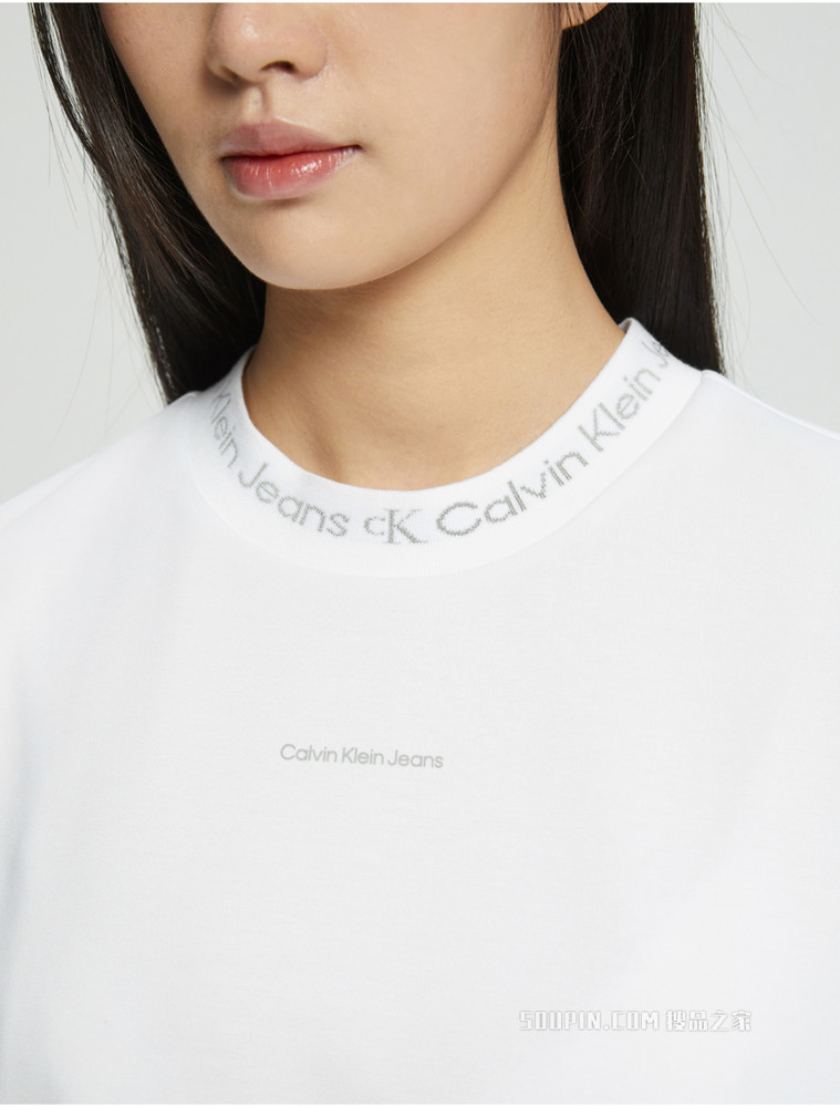 Calvin Klein 女士舒适打底圆领LOGO提花短袖T恤J218898